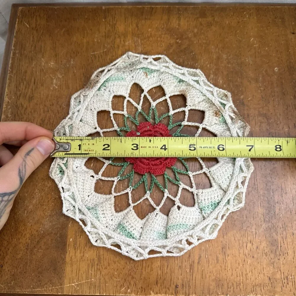 Vintage Cream Mint Pink Flower Rose Crocheted Trivet Potholder Retro‎ Doilies